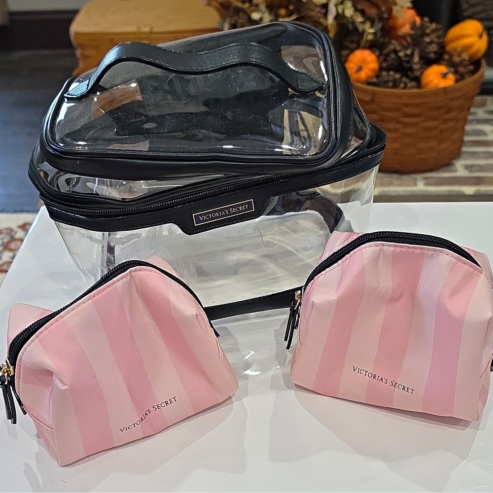 Victoria's Secret 3pc Plastic Makeup Bag Set Clear Pink Black Zipper Handle